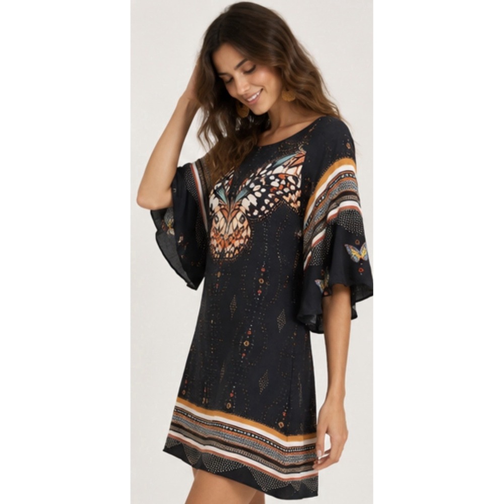 Farm Rio Butterfly Print Mini Dress M Black Boho Bell Sleeve Open Back Brazil